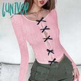 Lunivop Korean Sweet Lace Spliced Split Long Sleeve T-Shirts Y2K Kawaii Bow Hollow Out Knitted