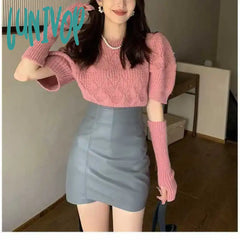 Lunivop Korean Version Of Temperament Simple Bubble Sleeve Sweater Women’s Early Autumn Sleeves