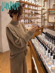 Lunivop Korean Version Of The Slim Knitting Suit Ladies Temperament Sweater Wide-Legged Pants