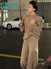 Lunivop Korean Version Of The Slim Knitting Suit Ladies Temperament Sweater Wide-Legged Pants