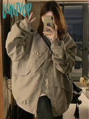 Lunivop Korean Vintage Jackets Women Long Sleeve Oversized Outwear Solid Color Stand Neck Tops