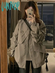 Lunivop Korean Vintage Jackets Women Long Sleeve Oversized Outwear Solid Color Stand Neck Tops