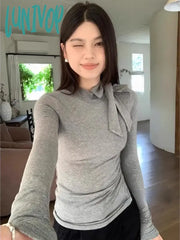 Lunivop Korean Women Vintage Y2K Aesthetic T-Shirts Streetwear Chic Bow Bottoming Tshirts Half Long