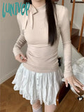 Lunivop Korean Women Vintage Y2K Aesthetic T-Shirts Streetwear Chic Bow Bottoming Tshirts Half Long