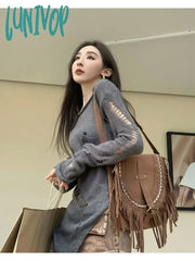 Lunivop Kpop Grunge Hollow Out Gray Sweater Women Harajuku Solid Split Distressed Knit Jumper