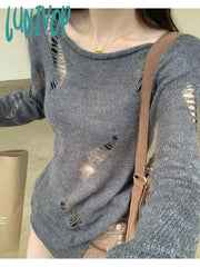 Lunivop Kpop Grunge Hollow Out Gray Sweater Women Harajuku Solid Split Distressed Knit Jumper