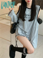 Lunivop Kpop Korean Style Off Shoulder Grey T-Shirts Women Y2K Letter Oversized Long Sleeve Tees
