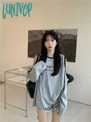 Lunivop Kpop Korean Style Off Shoulder Grey T-Shirts Women Y2K Letter Oversized Long Sleeve Tees