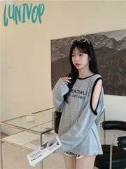 Lunivop Kpop Korean Style Off Shoulder Grey T-Shirts Women Y2K Letter Oversized Long Sleeve Tees
