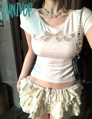 Lunivop Lace Crop T Shirts Women Sweet Girl White Bow Hollow Tees Aesthetic Korean Fashion Short