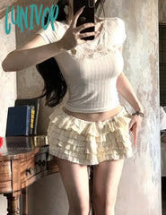 Lunivop Lace Crop T Shirts Women Sweet Girl White Bow Hollow Tees Aesthetic Korean Fashion Short