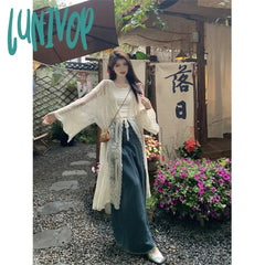 Lunivop Lace Embroidery Midi Shirts Women Vintage Long Sleeve Bandage Blouses Summer Vacation Beach