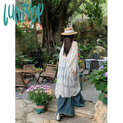 Lunivop Lace Embroidery Midi Shirts Women Vintage Long Sleeve Bandage Blouses Summer Vacation Beach