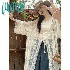 Lunivop Lace Embroidery Midi Shirts Women Vintage Long Sleeve Bandage Blouses Summer Vacation Beach