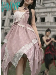 Lunivop Lace Flower Kawaii Lolita Strap Dress Women Japanese Gothic Vintage Fairy Irregular France