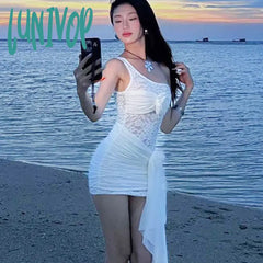 Lunivop Lace Hollow Out Single Shoulder Dress For Women Solid Color Fold 3D Flower Up Summer Party