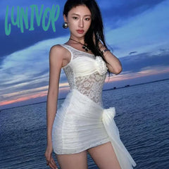 Lunivop Lace Hollow Out Single Shoulder Dress For Women Solid Color Fold 3D Flower Up Summer Party