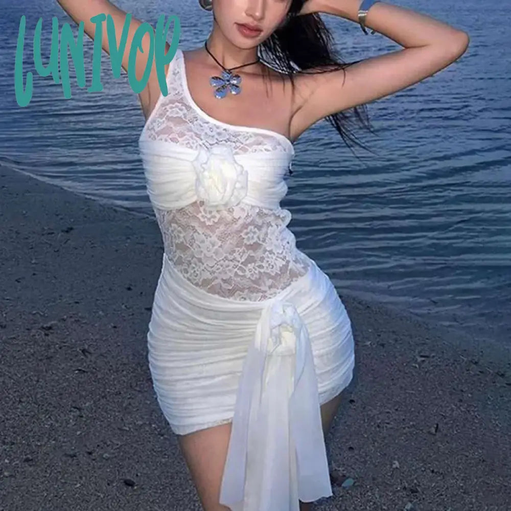 Lunivop Lace Hollow Out Single Shoulder Dress For Women Solid Color Fold 3D Flower Up Summer Party