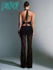 Lunivop Lace Jacquard See Through Sexy Straight Pant Women Y2K Fashion Low Rise Waist Slim Night