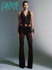 Lunivop Lace Jacquard See Through Sexy Straight Pant Women Y2K Fashion Low Rise Waist Slim Night