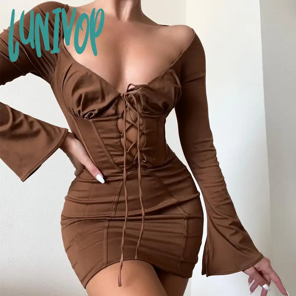 Lunivop Lace Long Sleeve Up Dress Sexy Bodycon Birthday Day Holiday Party Dresses Mini Flare Women