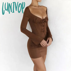 Lunivop Lace Long Sleeve Up Dress Sexy Bodycon Birthday Day Holiday Party Dresses Mini Flare Women