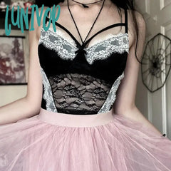 Lunivop Lace Patchwork Camisole Women Sexy Sleeveless Club Party Strap Crop Top Ladies Summer