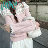 Lunivop Lace Patchwork Knit Sweater Women Autumn New Sweet Long Sleeved Pullover Slim Elegant Top
