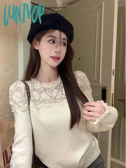 Lunivop Lace Patchwork Knit Sweater Women Autumn New Sweet Long Sleeved Pullover Slim Elegant Top
