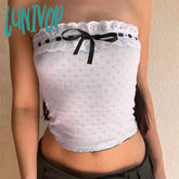 Lunivop Lace Patchwork Ribbon Tube Top Women Color Contrast Jacquard Hollow Strapless Vest Sweet