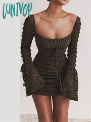 Lunivop Lace Patchwork Square Neck Backless Long Sleeve Bodycon Mini Dress Women Autumn Elegant