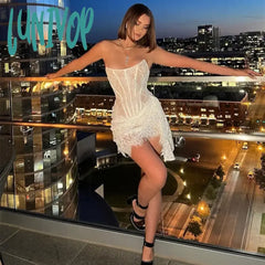 Lunivop Lace Sexy Mini Dress For Women White Strapless Prom Fishbone Off-Shoulder See Through Party