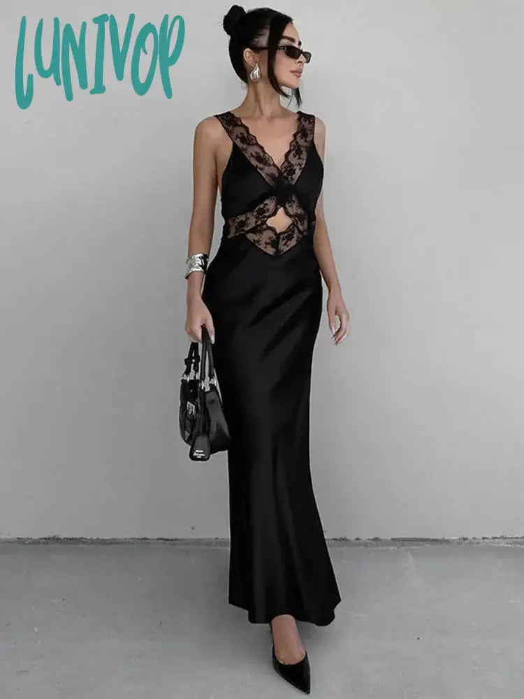 Lunivop Lace Slim Maxi Dresses For Women Clothing Deep V Neck Sexy High Wasit Long Dress Party