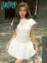 Lunivop Lace Splice Bud Mini Dress For Women Short Sleeved Solid Sexy Through Slim Folds Female
