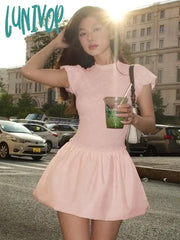 Lunivop Lace Splice Bud Mini Dress For Women Short Sleeved Solid Sexy Through Slim Folds Female