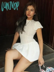 Lunivop Lace Splice Bud Mini Dress For Women Short Sleeved Solid Sexy Through Slim Folds Female