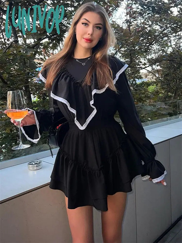 Lunivop Lace Splice Folds Mini Dress For Women Autumn Slim Black Women’s Dresses Streetwear
