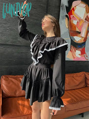 Lunivop Lace Splice Folds Mini Dress For Women Autumn Slim Black Women’s Dresses Streetwear