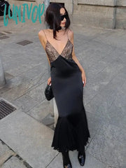 Lunivop Lace Splice Maxi Dresses For Women Sexy Deep V Neck Mesh Slim Dress Woman Temperament