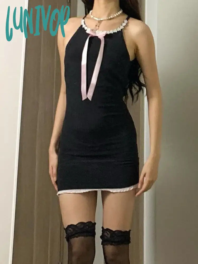 Lunivop Lace Splice Mini Dress For Women Bow Bandage Backless Black Bodycon Dresses Female Party