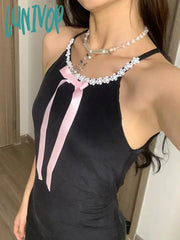 Lunivop Lace Splice Mini Dress For Women Bow Bandage Backless Black Bodycon Dresses Female Party