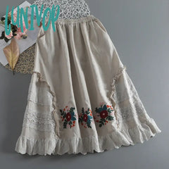 Lunivop Lace Stitching Embroidered Cotton And Linen Skirt Women’s Loose All-Match Waist Mid-Length