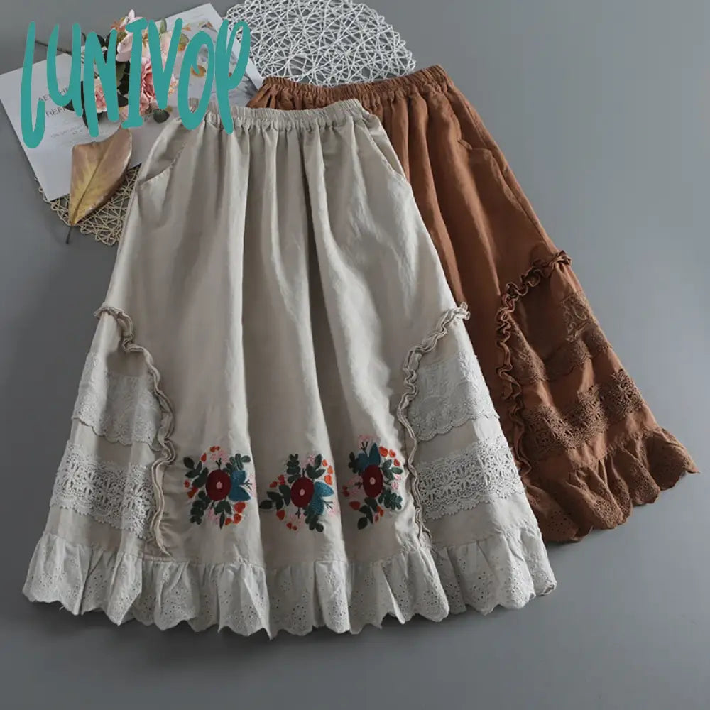Lunivop Lace Stitching Embroidered Cotton And Linen Skirt Women’s Loose All-Match Waist Mid-Length