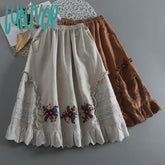 Lunivop Lace Stitching Embroidered Cotton And Linen Skirt Women’s Loose All-Match Waist Mid-Length