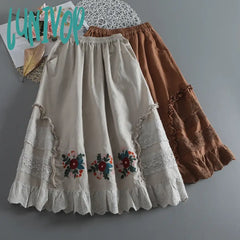 Lunivop Lace Stitching Embroidered Cotton And Linen Skirt Women’s Loose All-Match Waist Mid-Length