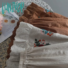 Lunivop Lace Stitching Embroidered Cotton And Linen Skirt Women’s Loose All-Match Waist Mid-Length