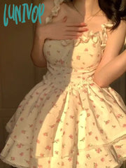 Lunivop Lace Sweet Kawaii Dress Women Vintage Sleeveless Elegant Cute Mini Female Print Korean