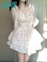 Lunivop Lace Sweet Kawaii Dress Women Vintage Sleeveless Elegant Cute Mini Female Print Korean
