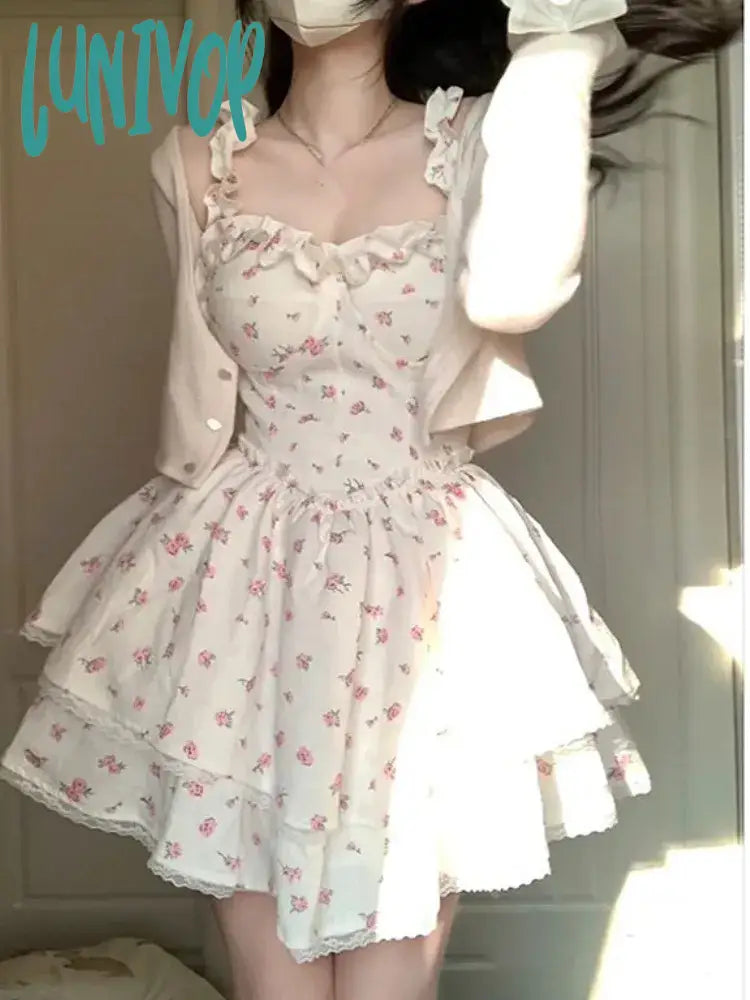 Lunivop Lace Sweet Kawaii Dress Women Vintage Sleeveless Elegant Cute Mini Female Print Korean