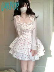 Lunivop Lace Sweet Kawaii Dress Women Vintage Sleeveless Elegant Cute Mini Female Print Korean